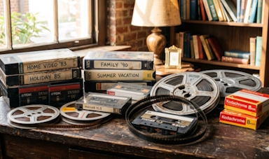 A table full of tapes: 8mm, VHS, VHS-C, Mini-DV, 8mm film, 16mm film